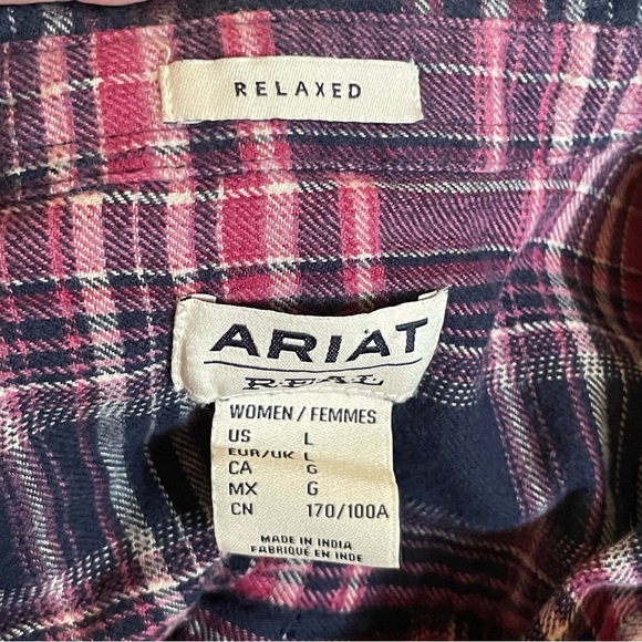 Ariat Women Relaxed Plaid Flannel Pink Navy Button Down Size L - Picture 3 of 4